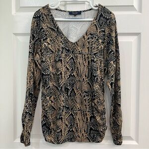 Rachel Roy Black Gold Tan Snakeskin Print Long Sleeve Womens XL Blouse Shirt Top